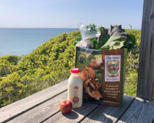 A Farmers To You grocery bag, a glass bottle of Strafford milk, and an apple placed on a wooden porch overlooking woods that fall away to blue water