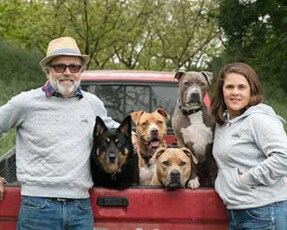 roger and mollie sitkin and some dogs of old dog ranch